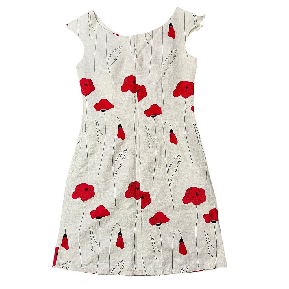 EcoLinum Red Poppy Floral Linen Shift Dress Beige‎ Scoop Neck Size S 36